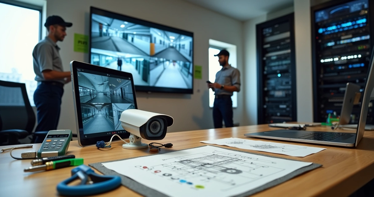 Instalador configurando sistema de câmera Intelbras em ambiente empresarial 