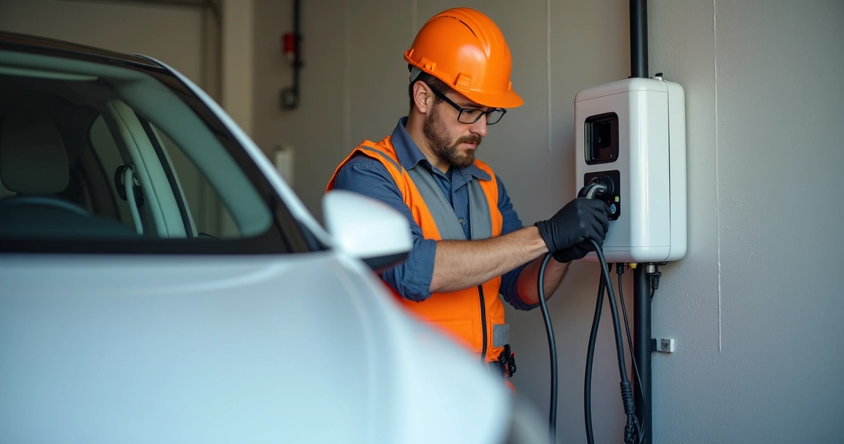 Profissional instalando carregador de carro elétrico em parede de garagem de condomínio 