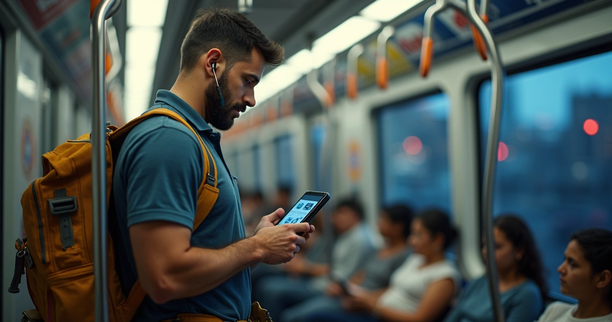 Instalador de segurança estudando sobre tecnologia enquanto volta do trabalho no metrô 