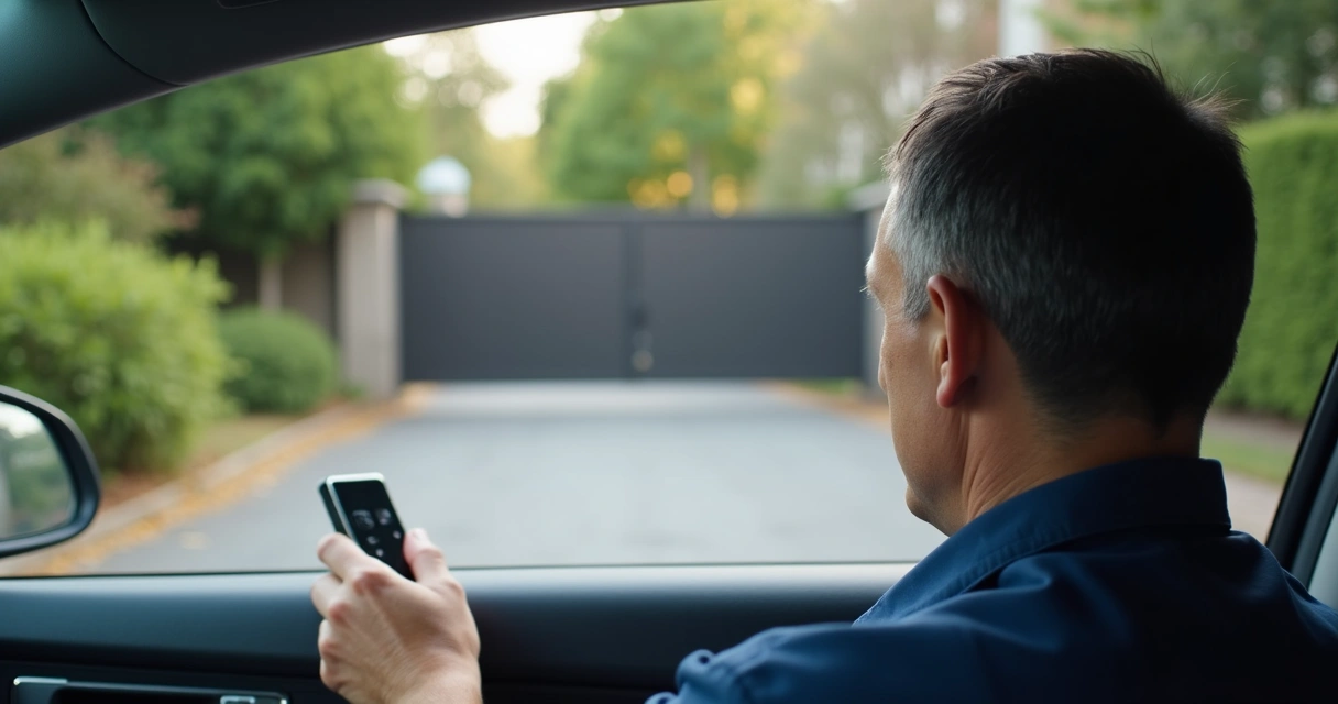 Instalador testando controle de portão automático 