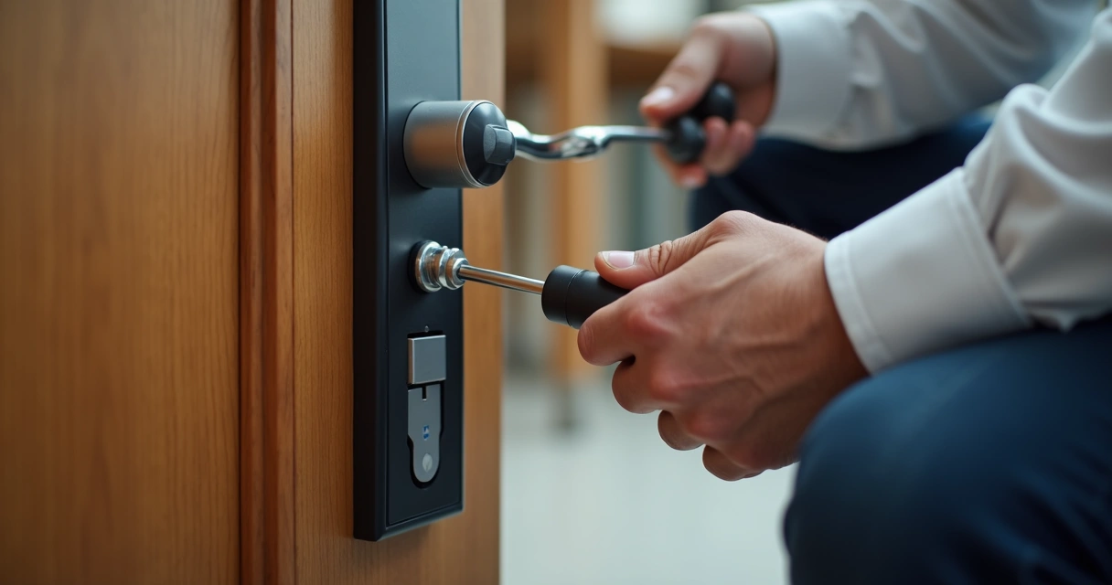Instalador ajustando fechadura eletrônica em porta 
