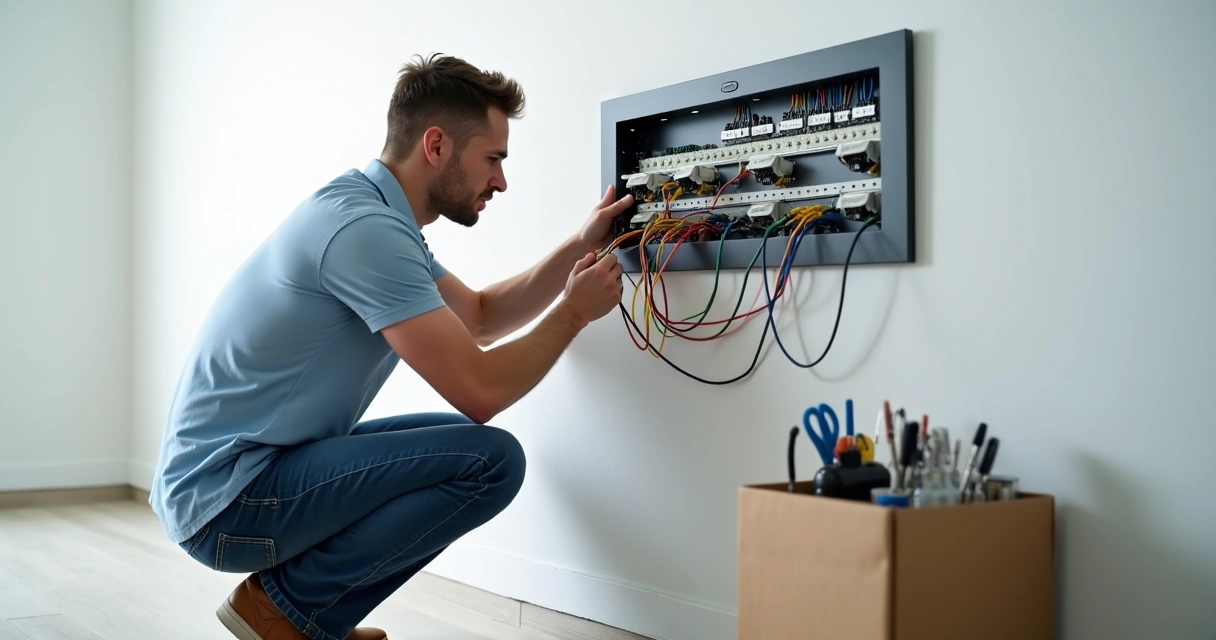 Instalador conectando fios em painel de CFTV e central de alarme 