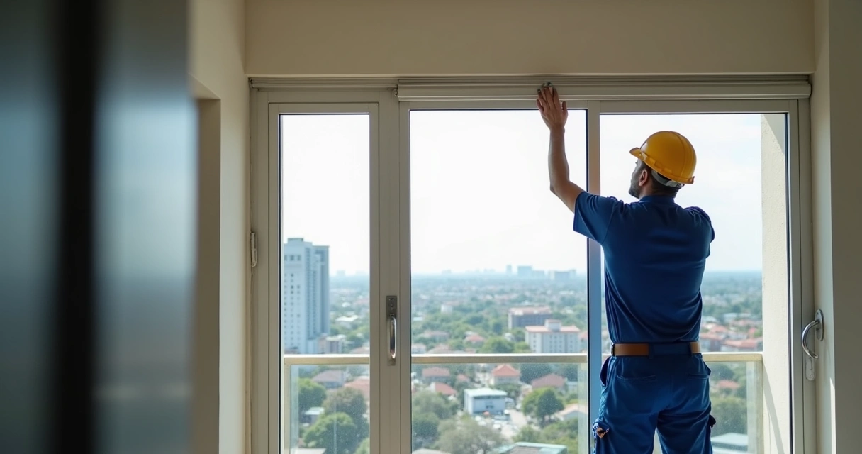Técnico uniformizado instalando persiana com ferramentas em apartamento bem iluminado