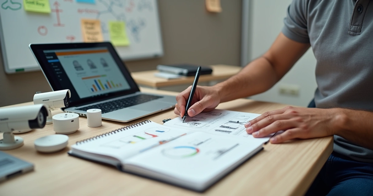 Instalador analisando novas opções de produtos de segurança na mesa 