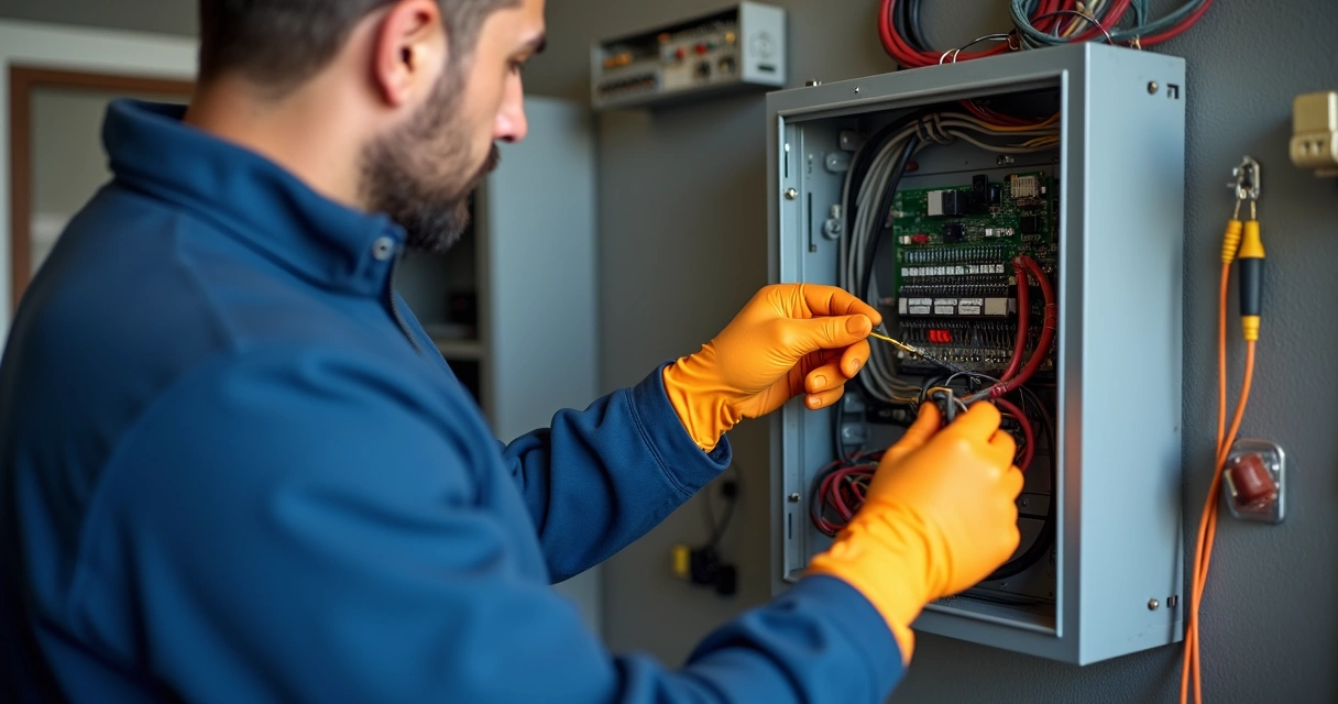 Técnico instalando central de portão automático PPA.