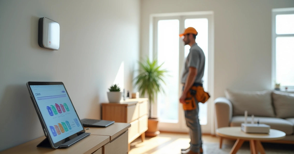 Instalador de segurança ajustando painel digital com passos de configuração exibidos em tablet 
