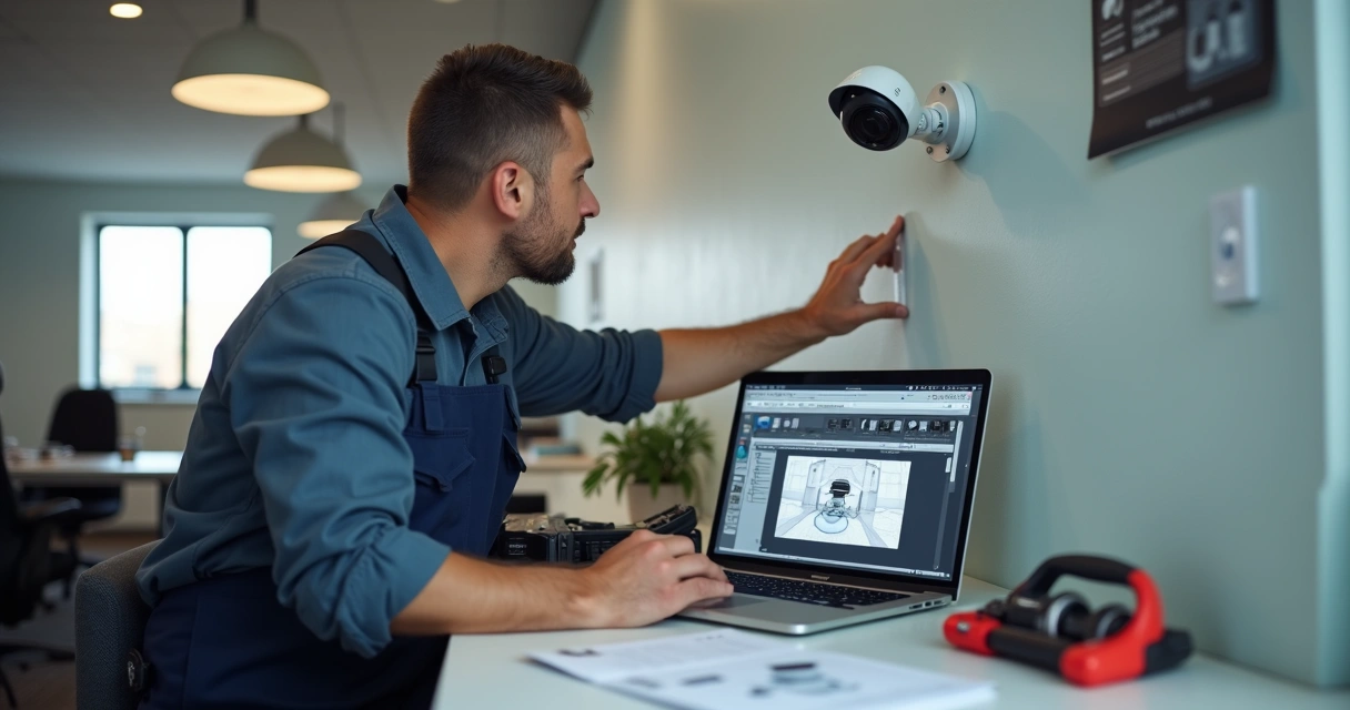 Instalador de segurança configurando equipamento eletrônico em ambiente profissional