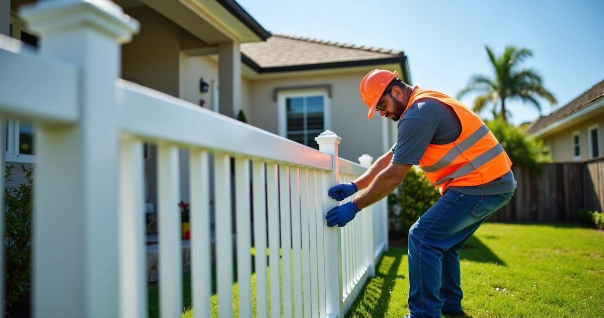 Technician installing child safety barrier post in backyard 