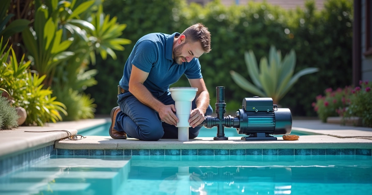 Technician installing pool saltwater chlorinator system 