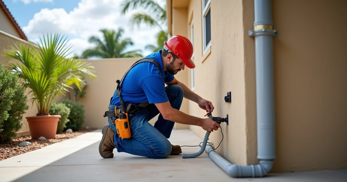 Electrician installing gray conduit on outdoor patio wall for outlet 
