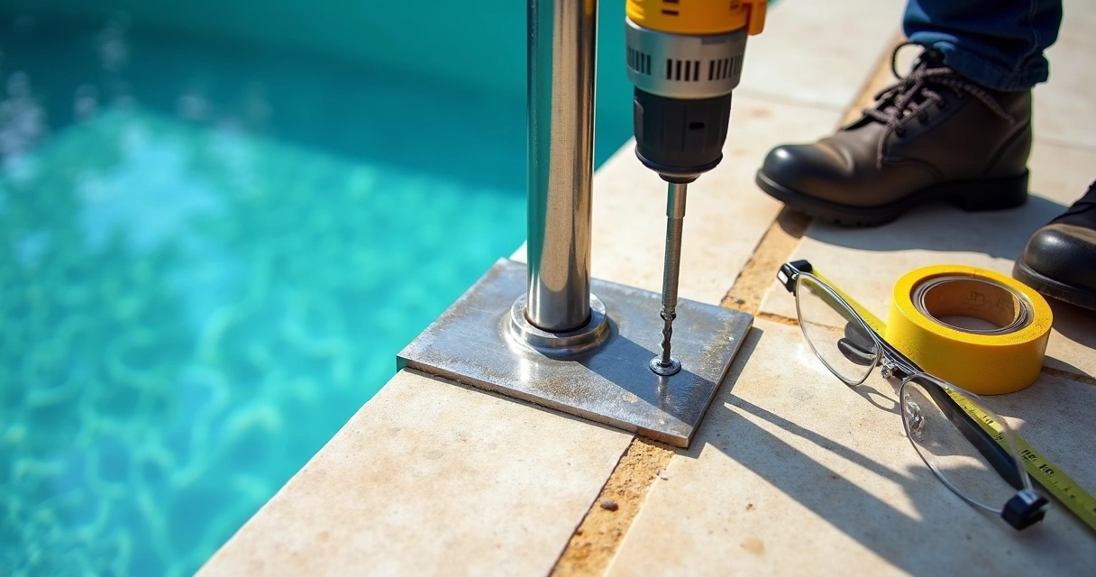 Installer fitting pool rail anchors into stone deck 