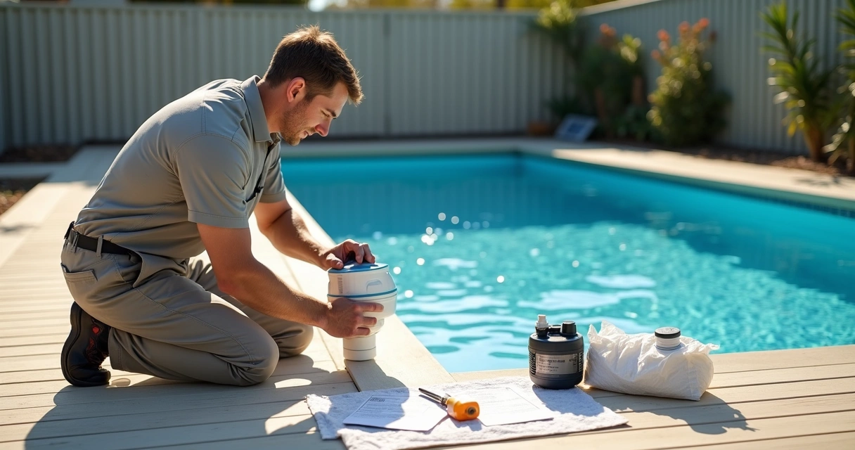Technician installing salt water chlorinator beside Australian residential pool 