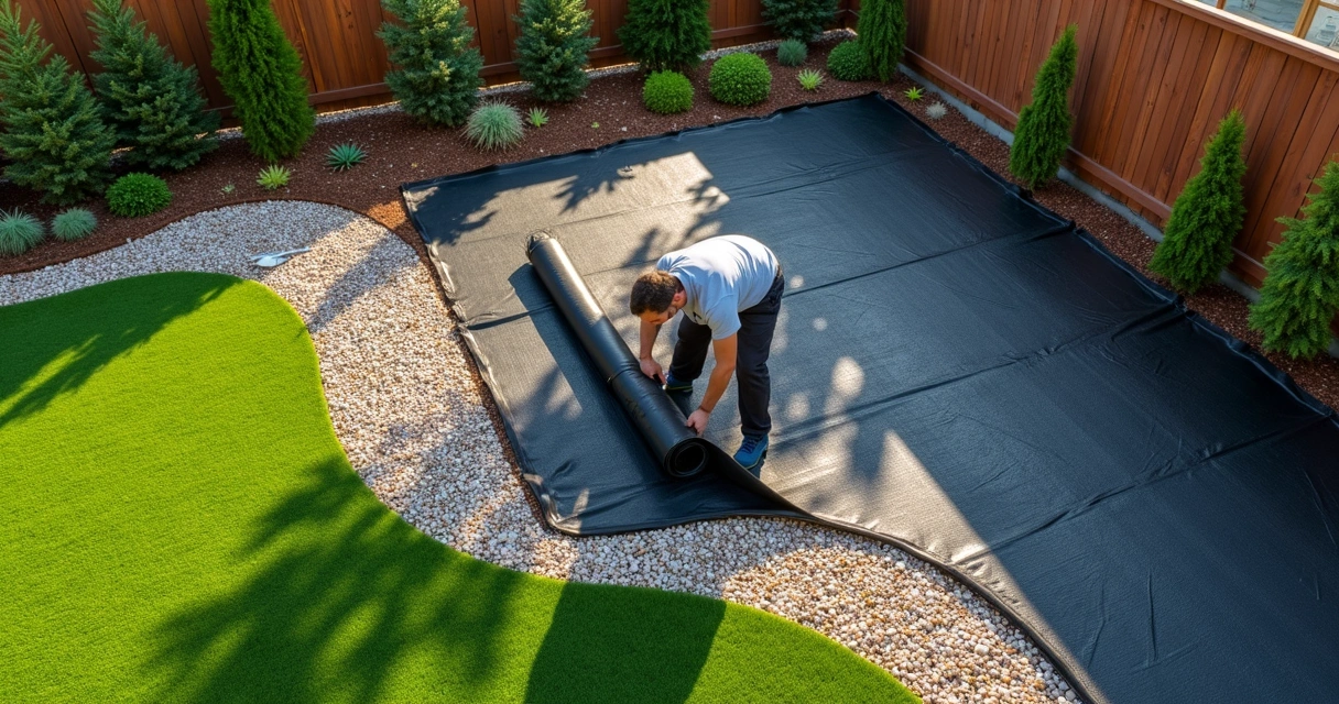 Worker laying weed barrier fabric under artificial turf