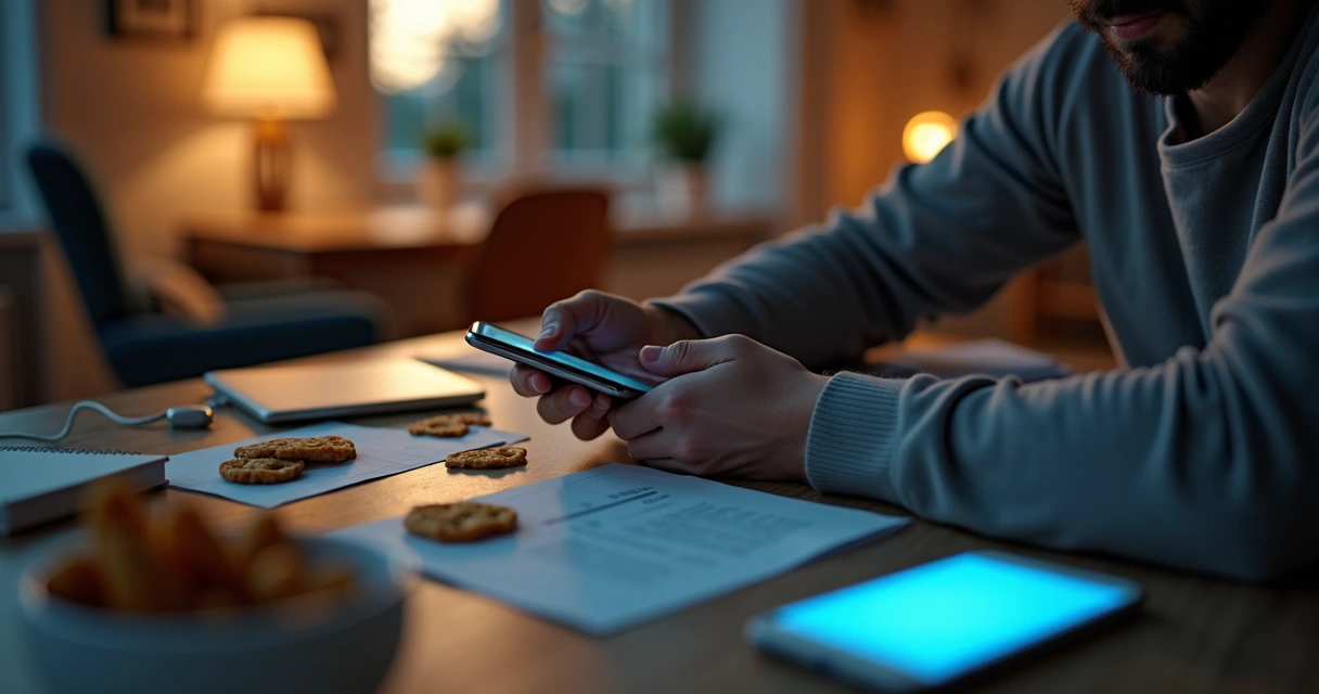Person reaching for phone amid scattered snacks 