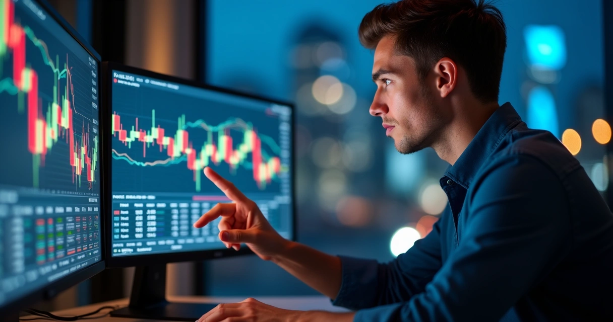 Trader tomando decisão rápida olhando gráficos de câmbio. 