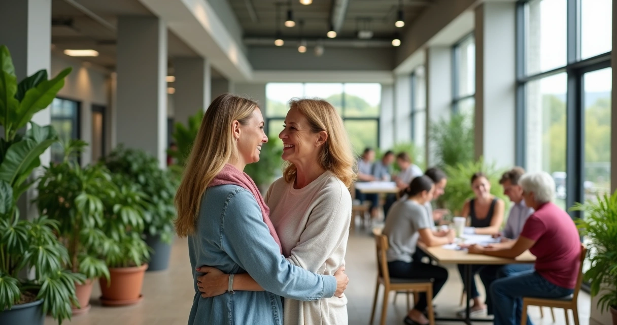 Institución social representada como un entorno cálido e inclusivo, personas colaborando 