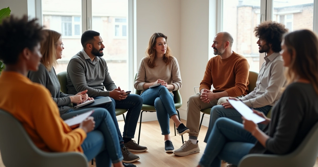 Grupo diverso de pessoas em roda, dialogando com empatia, sala iluminada 