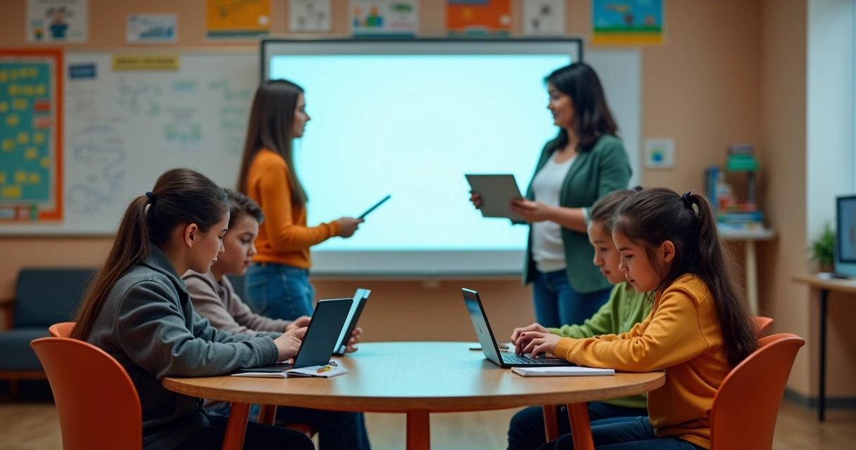 Alunos em mesa redonda utilizando tablets com professores ao fundo em quadro digital. 
