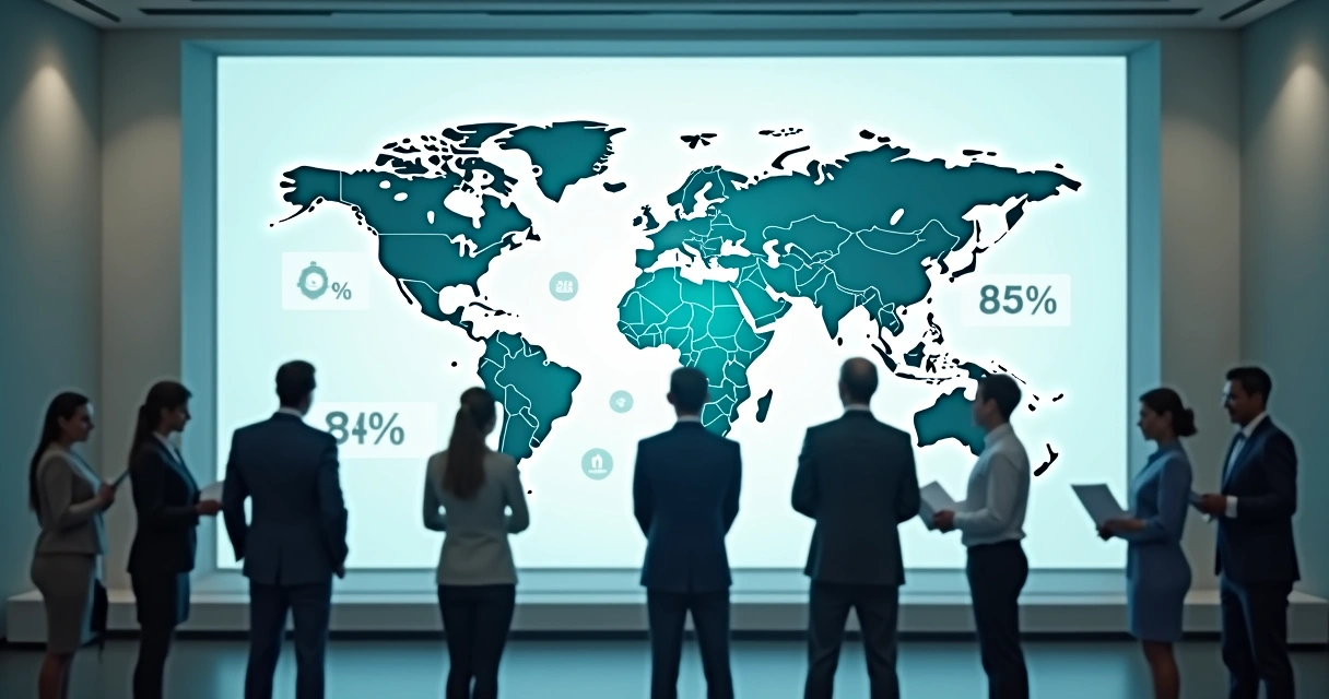 Painel com mapa-múndi e indicadores de confiança