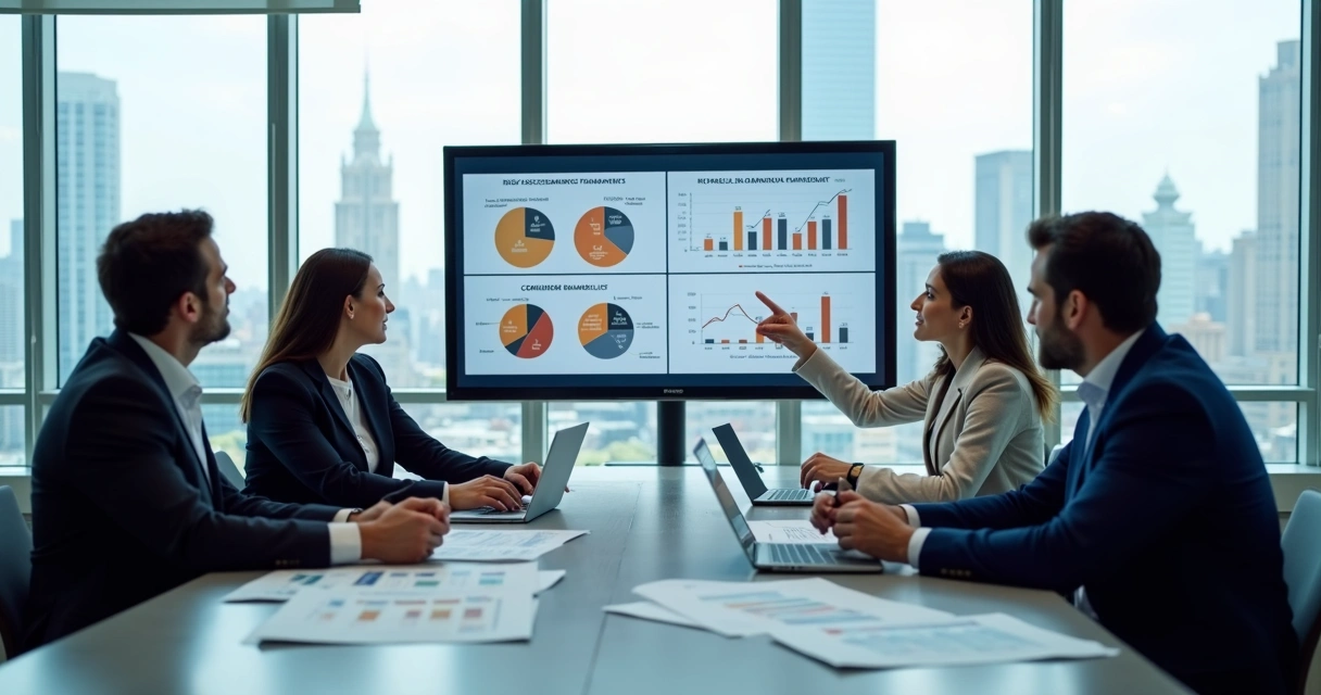 Mesa com executivos analisando gráficos financeiros 