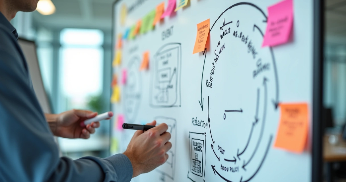 Whiteboard showing an institutional learning loop 