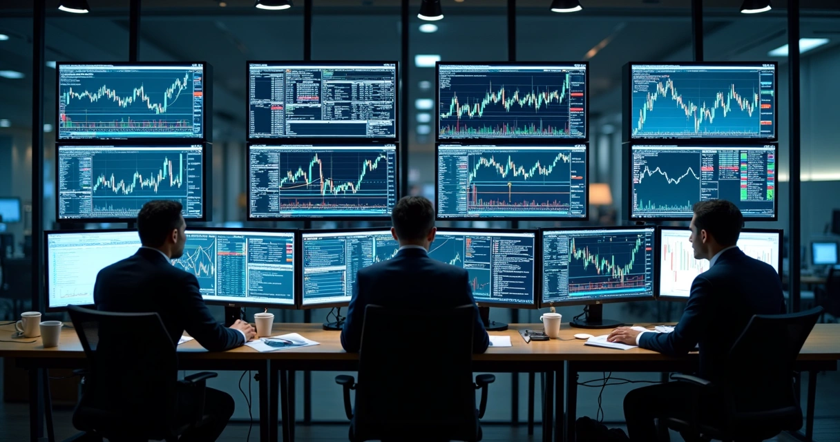 Modern trading desk with monitors showing charts and data 