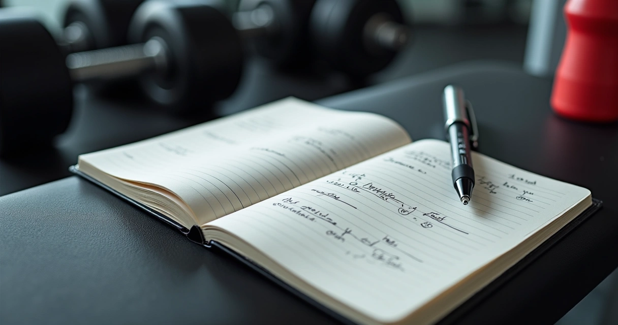 Caderno aberto com instruções de treino bi-set escritas à mão