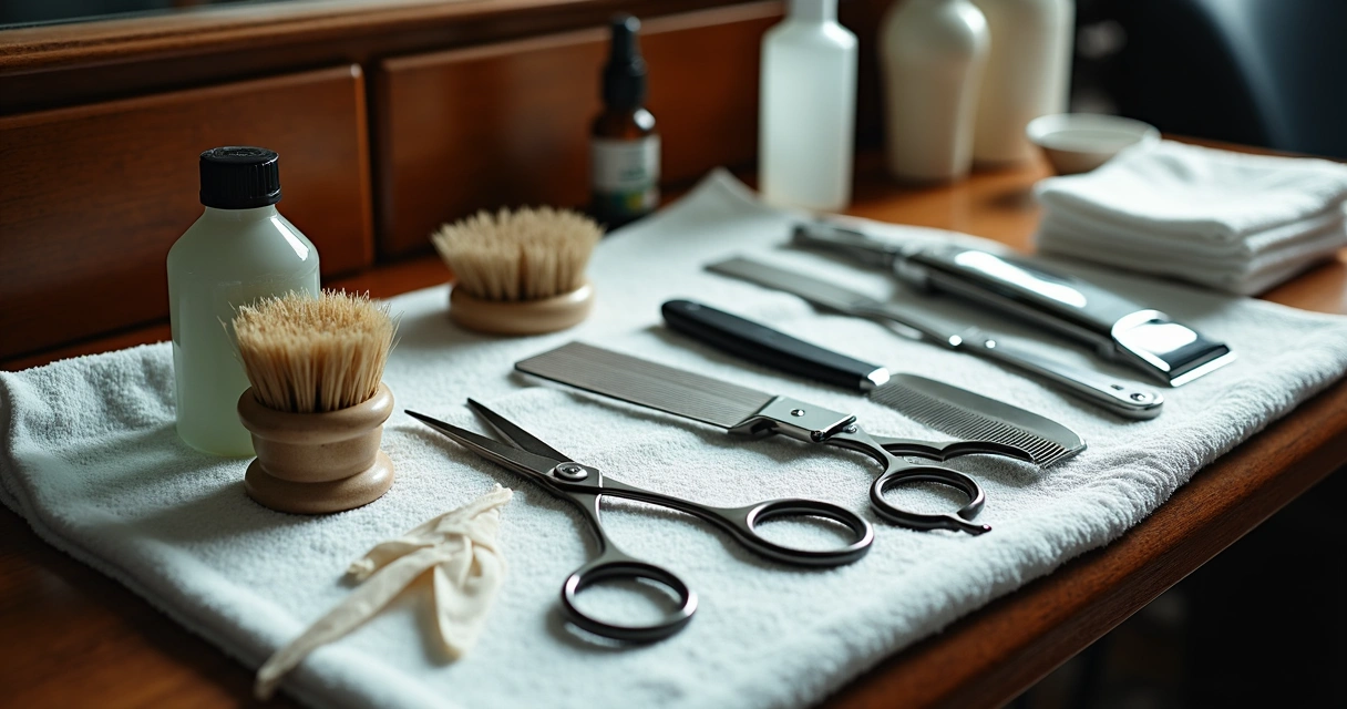 Instrumentos de barbearia organizados sobre toalha branca 