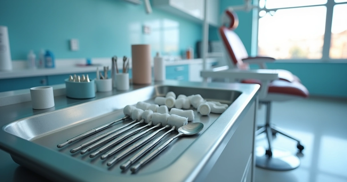 Instrumentos odontológicos organizados em bandeja de clínica 