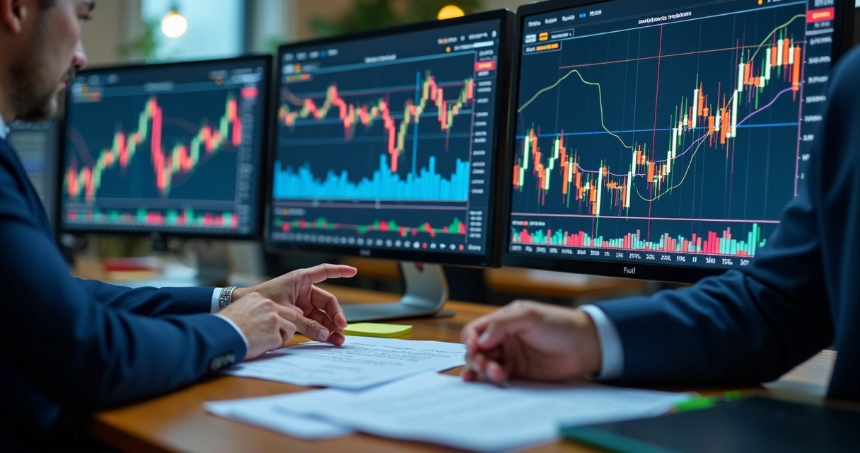 Simulação gráfica mostrando contratos futuros, opções e swaps em telas com gráficos financeiros 