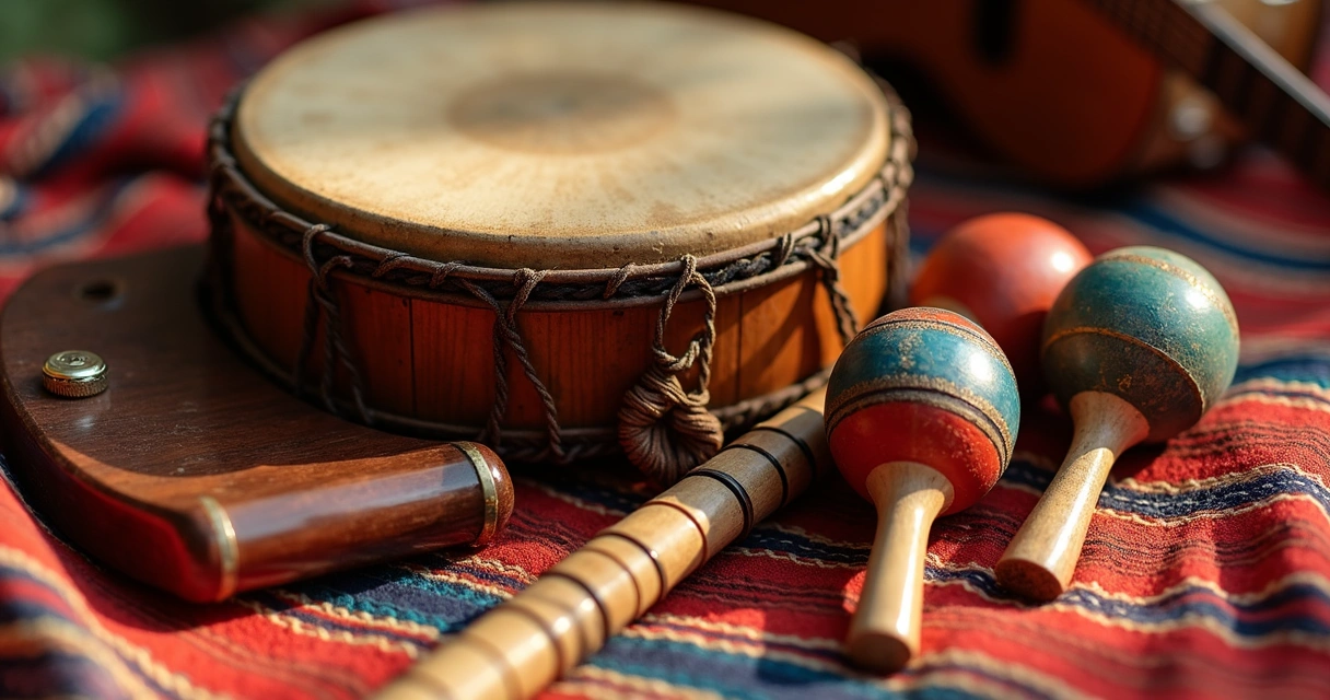 Instrumentos musicais americanos, como tambor, guitarra e maracas, sobre tecido colorido 