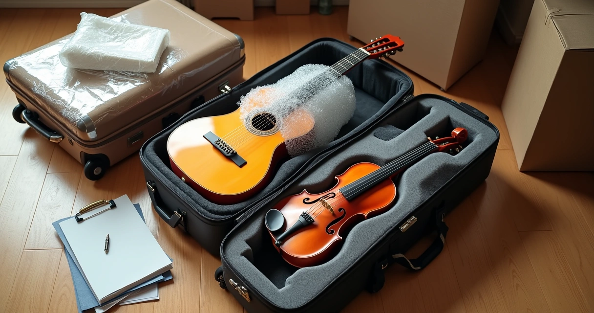 Instrumentos musicais embalados com cuidado e protegidos para mudança internacional 