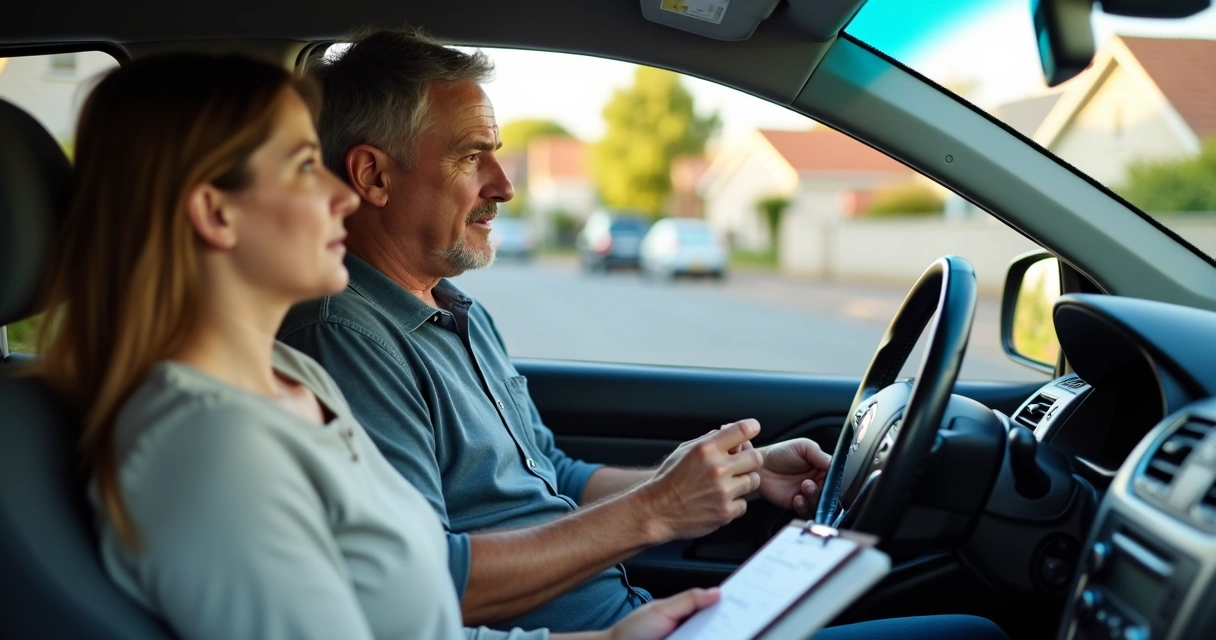 Instrutor autônomo e aluno em um carro comum durante aula de direção 