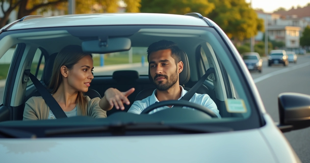 Instrutor autônomo ensinando aluno de CNH em via pública perto de área residencial 