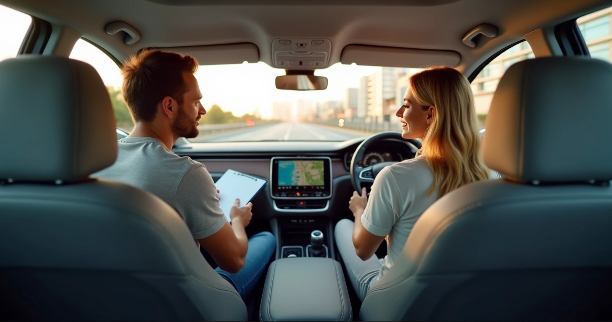 Instrutor autônomo dando aula de direção em carro comum 