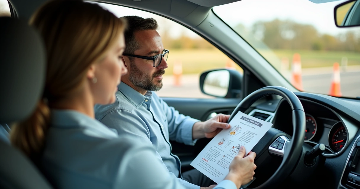 Instrutor autônomo conversando com aluno dentro do carro em aula prática