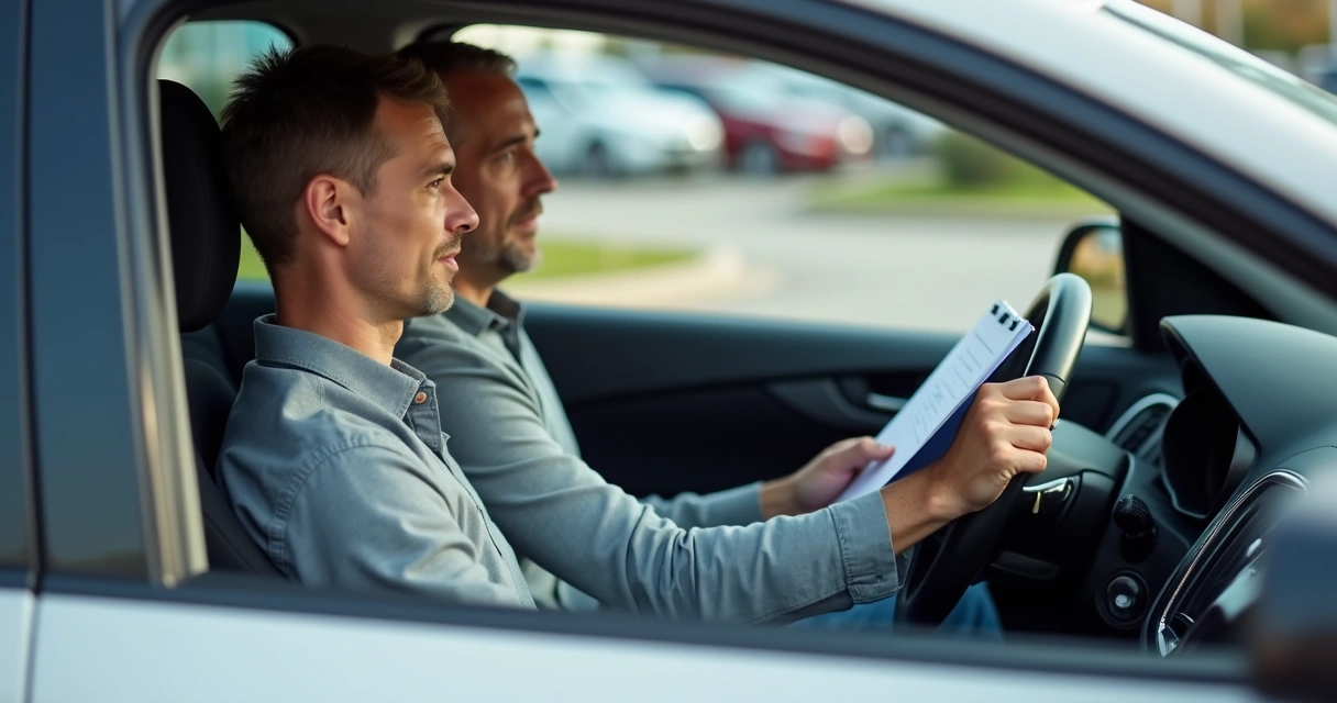 Instrutor sentado ao lado de aluno em carro conversando, prancheta na mão