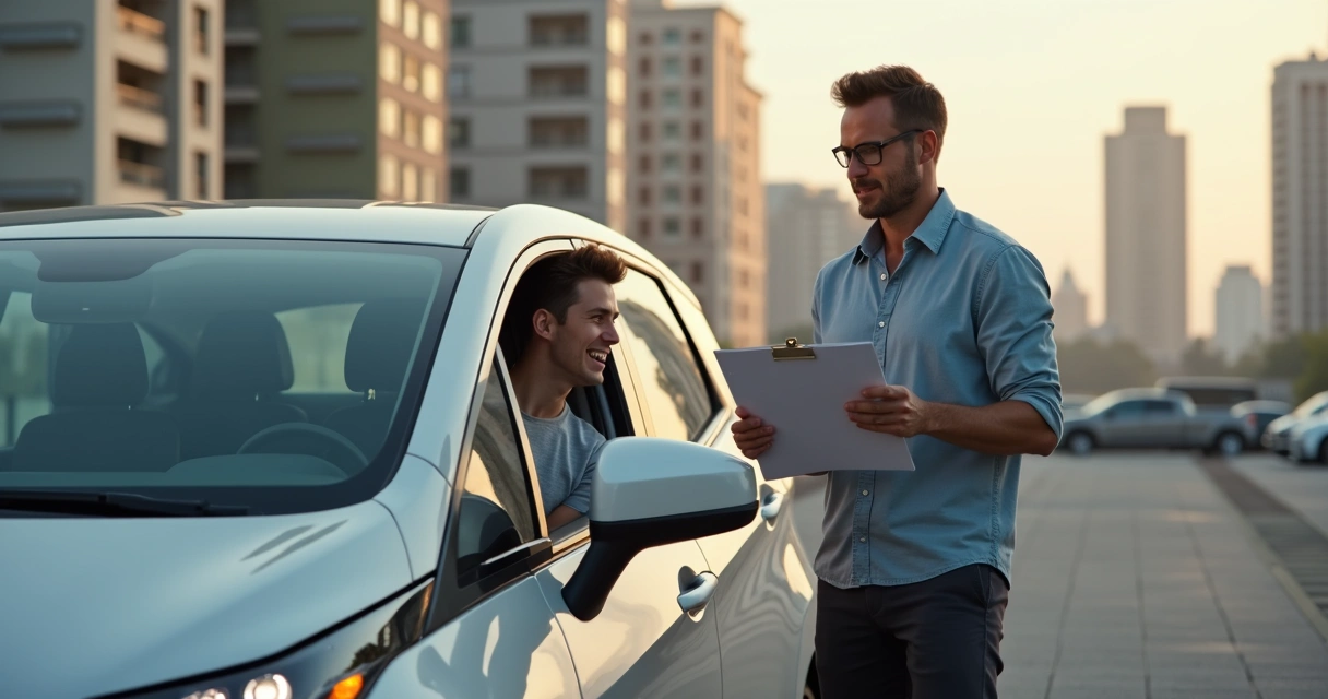 Instrutor autônomo ao lado de candidato em carro para aula prática 
