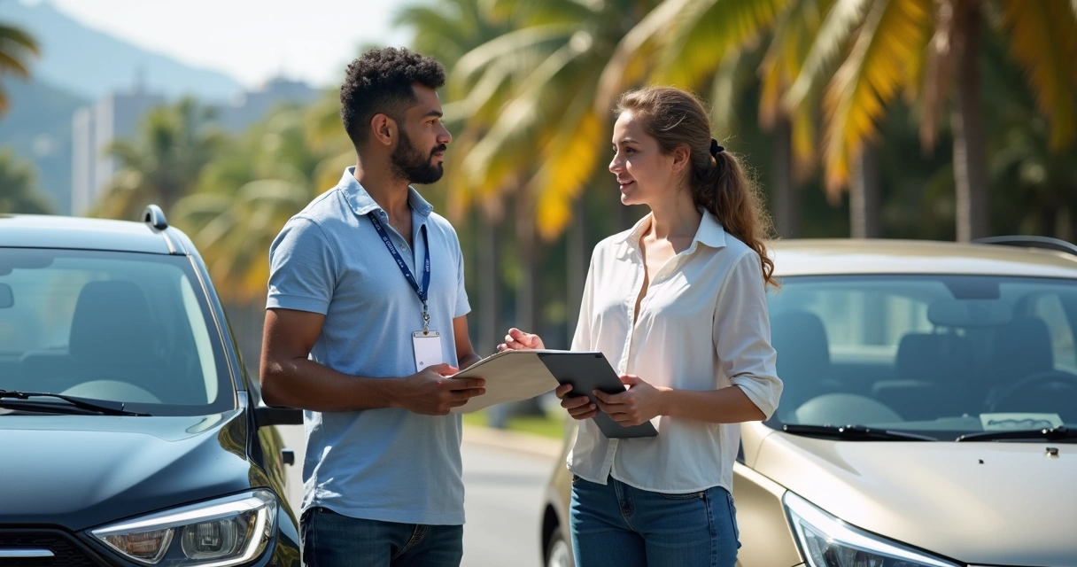 Instrutor autônomo ao lado de um carro com jovem aluno 