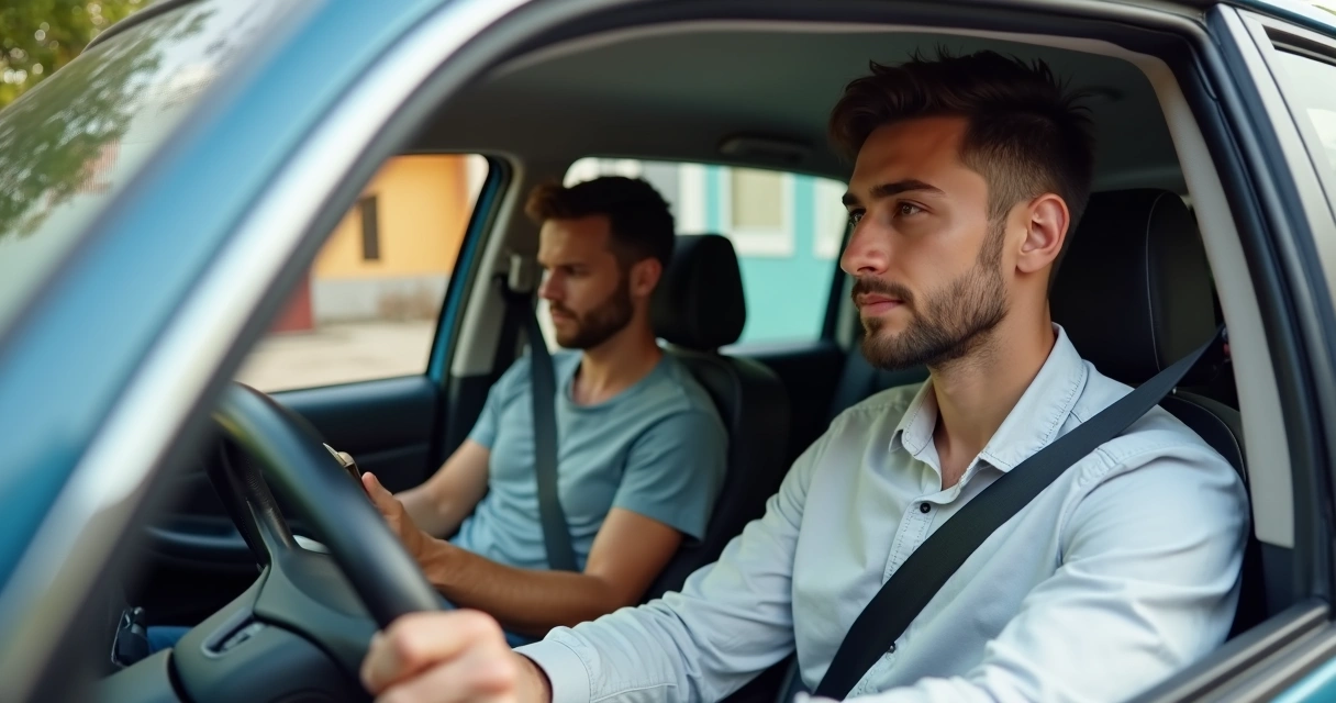 Instrutor autônomo ensinando jovem a dirigir na rua