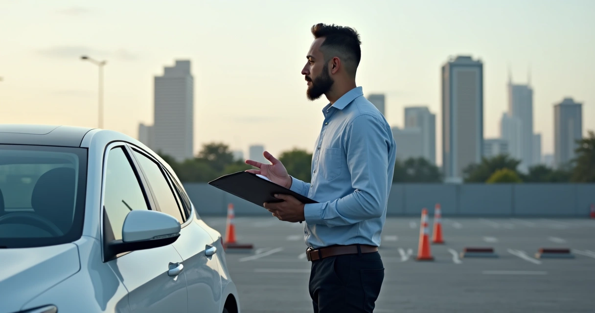 Instrutor autônomo de trânsito ao lado de carro branco