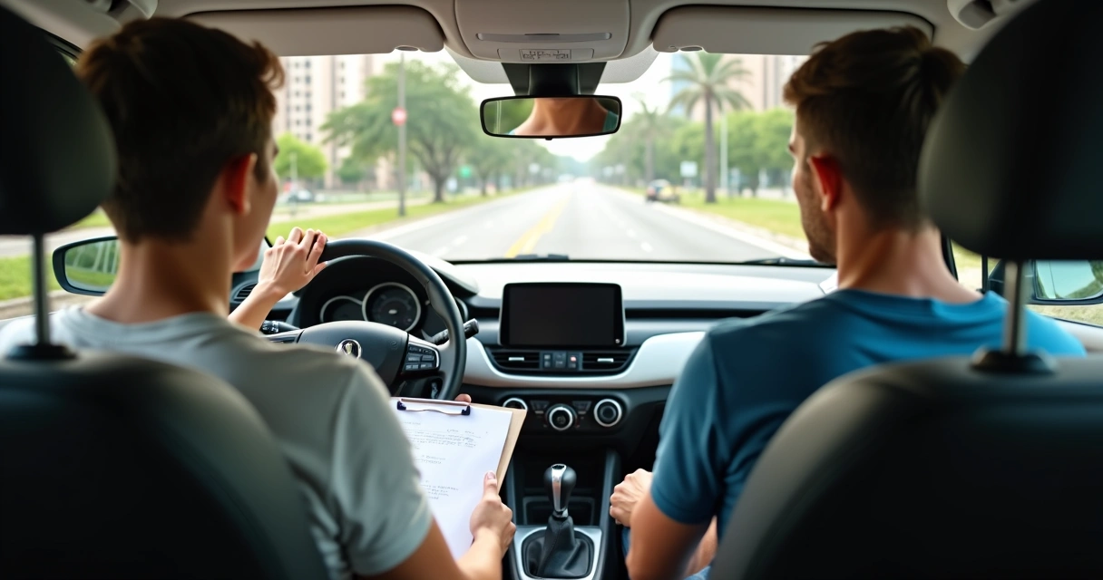 Instrutor autônomo ensinando aluna dentro do carro durante aula de direção 