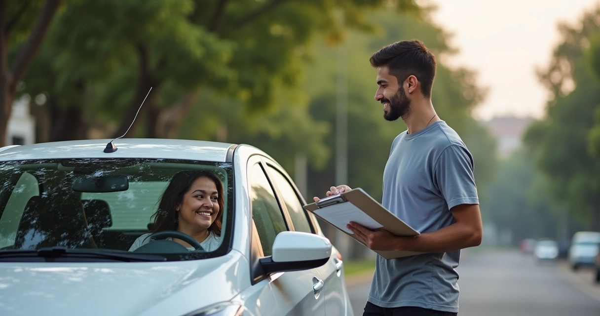Instrutor autônomo CNH ao lado de aluna em carro próprio 