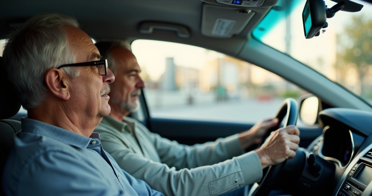 Instrutor sentado ao lado de candidato em carro durante prática de direção