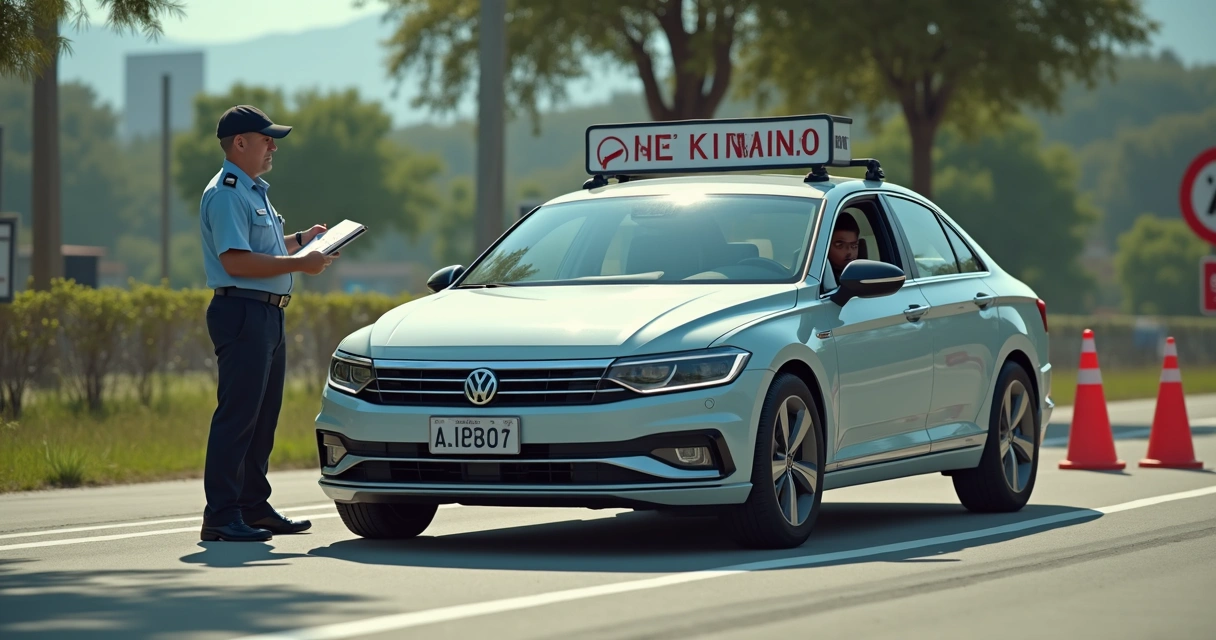 Instrutor autônomo acompanhando candidato em exame prático, carro parado diante de fiscal