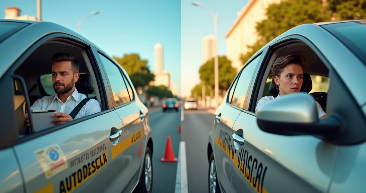 Aluna em aula prática com instrutor autônomo e instrutor credenciado lado a lado 