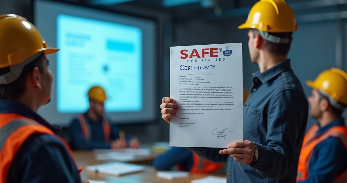 Instrutor exibindo certificado de treinamento para grupo de colaboradores 