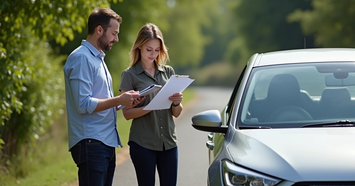 Instrutor autônomo conferindo documentos do candidato ao lado de um carro prata 