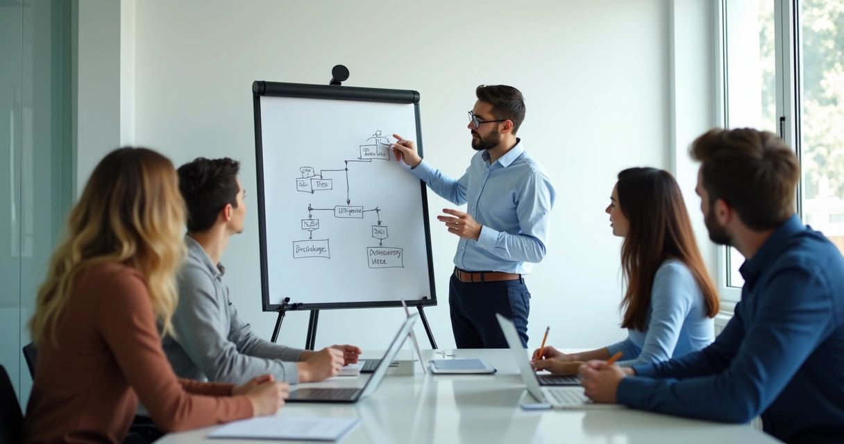 Instrutor interno apresentando passo a passo para colegas 