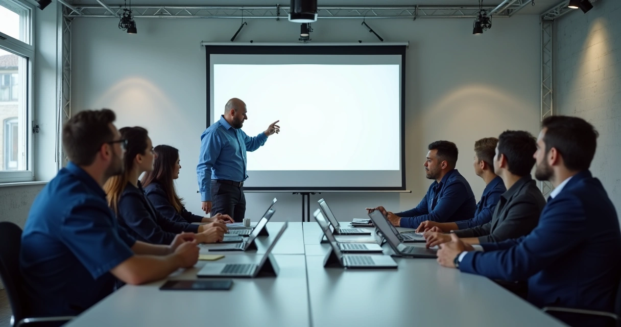 Instrutor em indústria ministrando curso presencial 